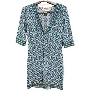 MAX STUDIO Dress Size M Blue Green V-Neck Geometric 3/4 Sleeve Boho Prairie